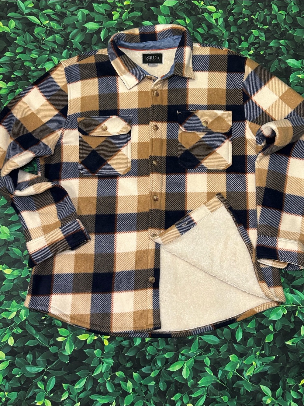 VALOR Men's Sherpa-Lined Plaid Shirt Jacket - Tan, Black & Cream